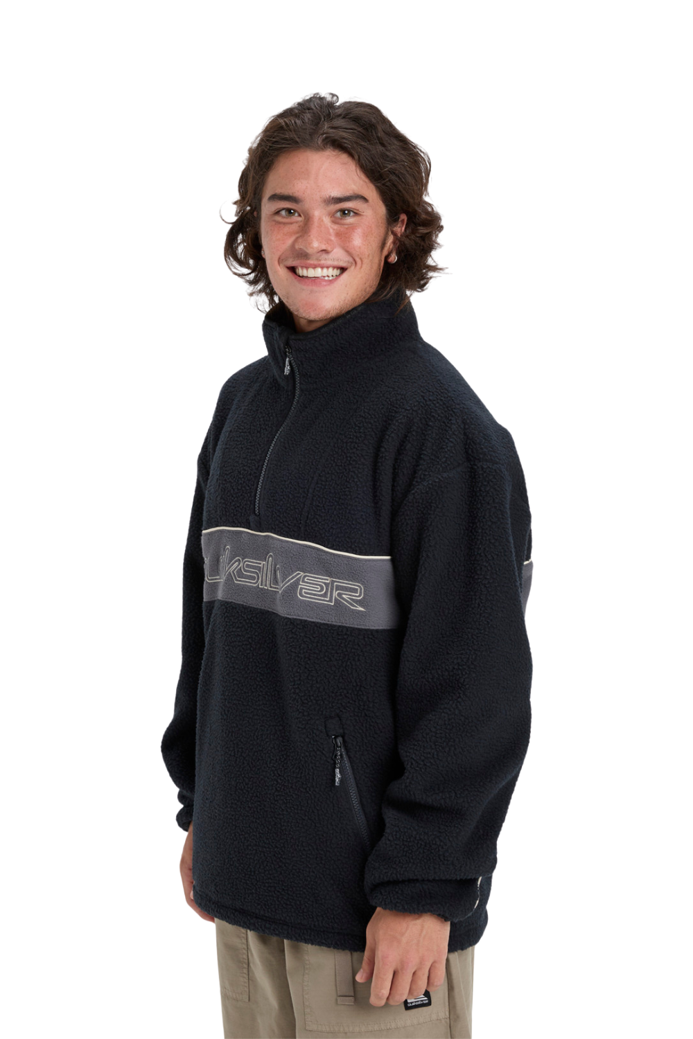 Black fleece jacket with a visible Quiksilver brand logo on a white background