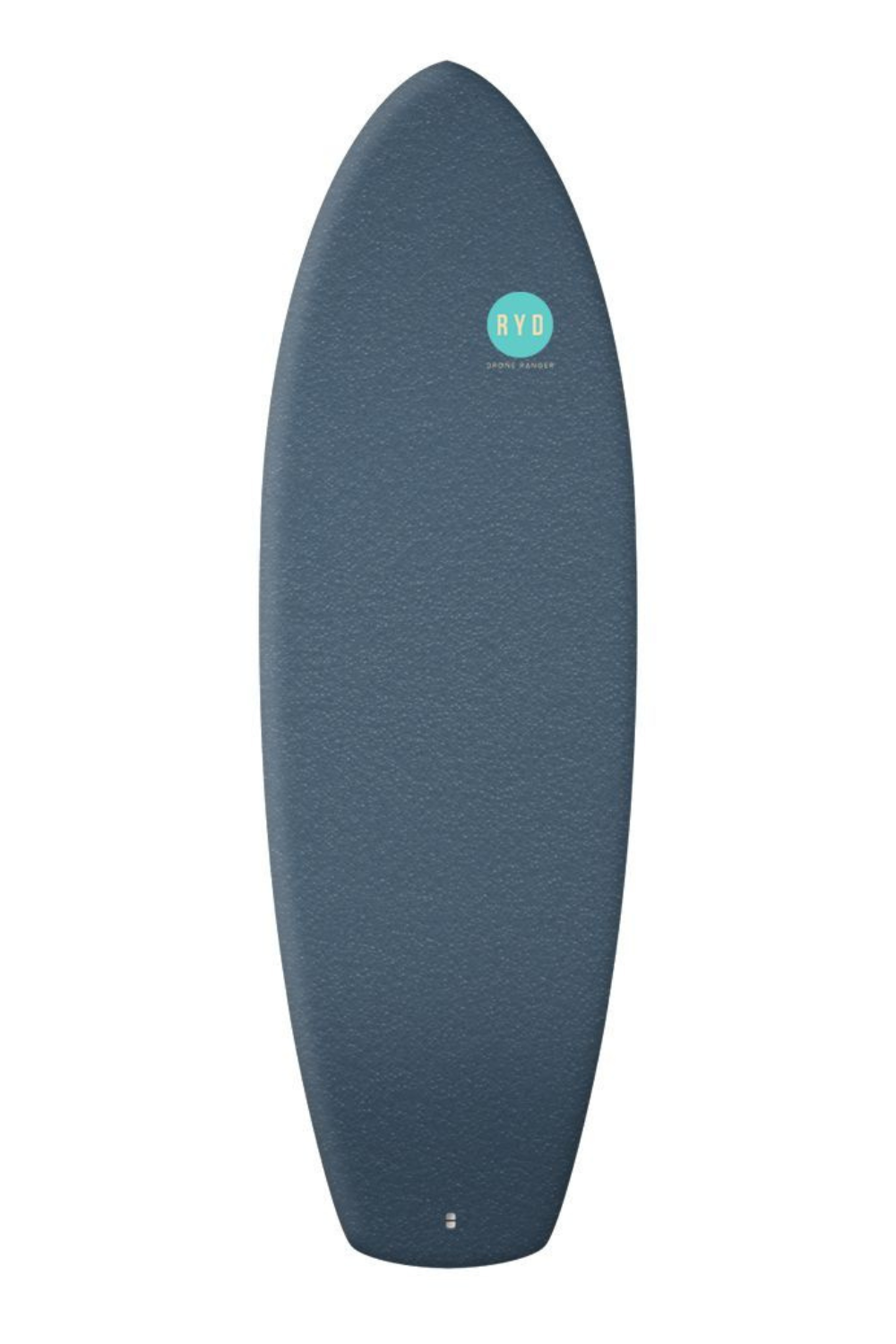 A dark slate blue soft top surfboard shown from the top view against a solid white background, featuring a small mint green circular 'RYD' logo near the nose.