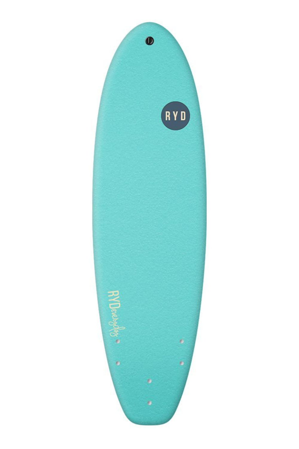 A turquoise soft top surfboard with a black circular RYO logo and white RYD surfboards branding, shown against a plain white background.