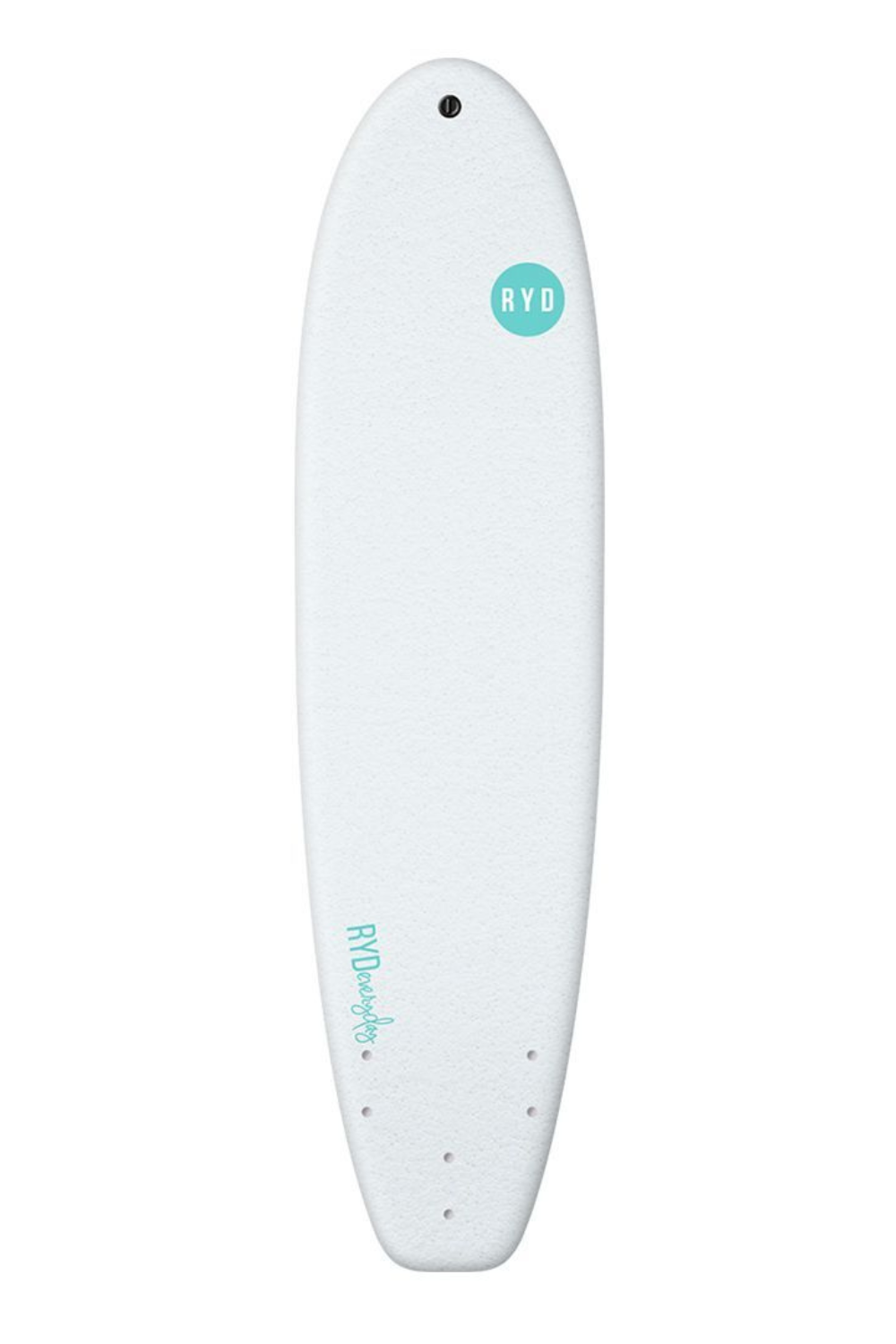 A white soft top surfboard with a small mint green circular 'RYD' logo near the nose and mint green text near the tail, shown against a plain white background.