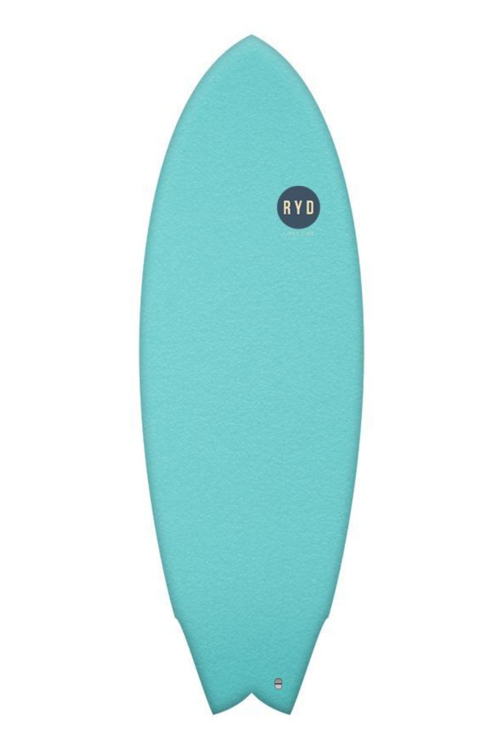 A turquoise double-tip soft top surfboard with a small circular black logo featuring the letters 'RYD' in white, shown against a plain white background.