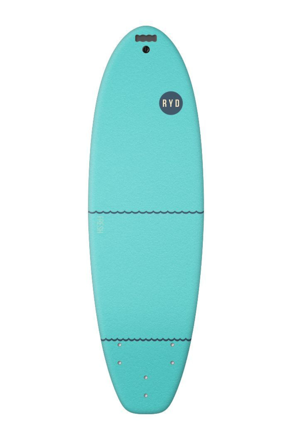A Fresh Wide Soft Top Surfboard in Turquoise from RYD shown from a top-down view on a solid white background, featuring a dark blue circular logo with 'Ryd' on the upper half.