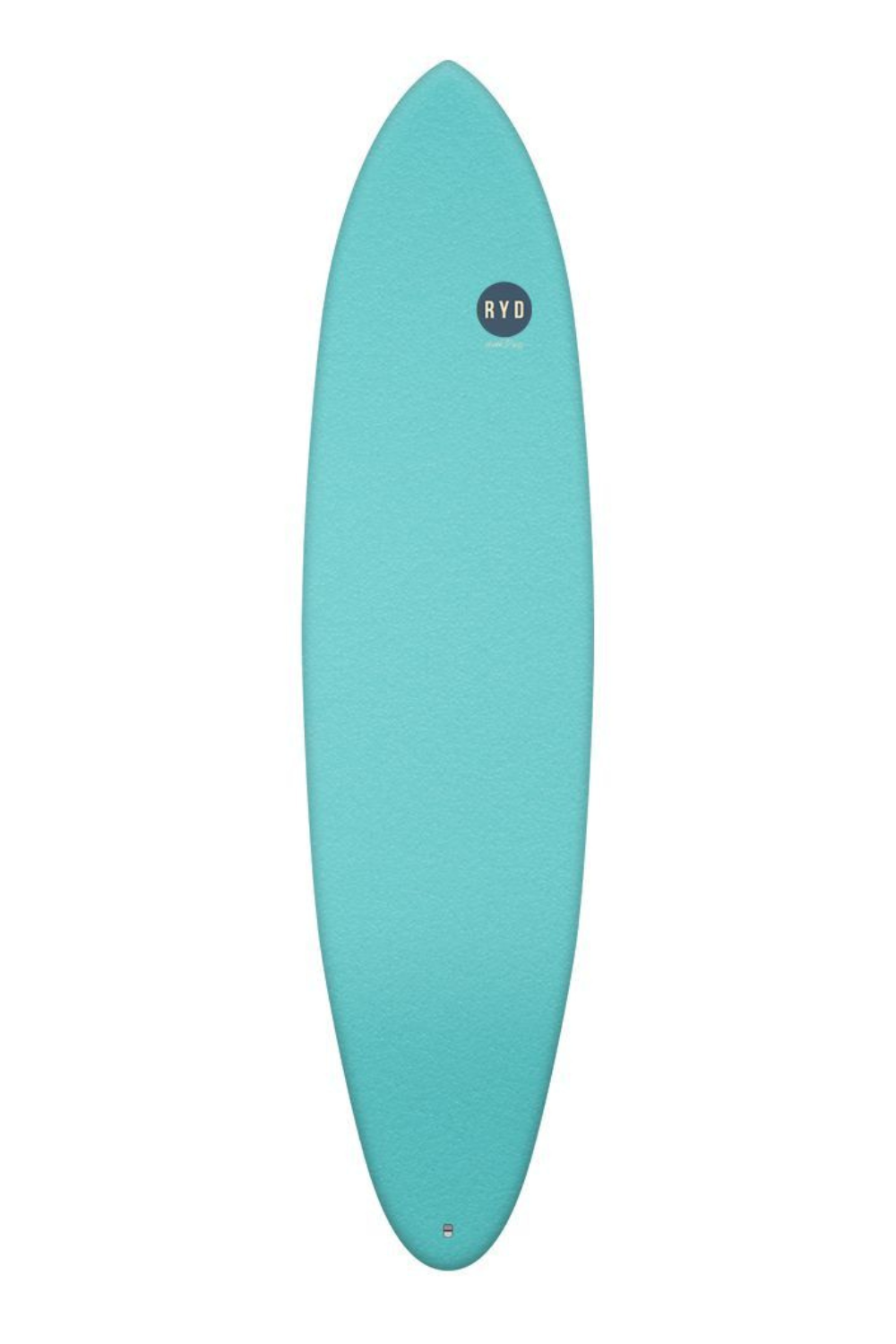 Turquoise soft top surfboard with a black circular 'RYD' logo near the top.