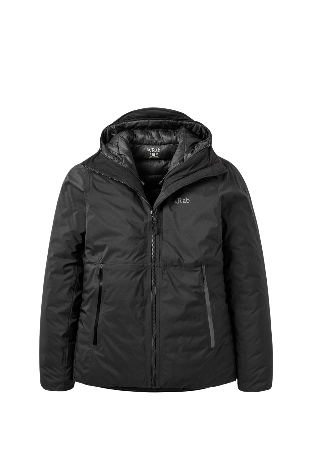 A Rab Microlight Shield Womens Waterproof Down Jacket in Black shown on a white background