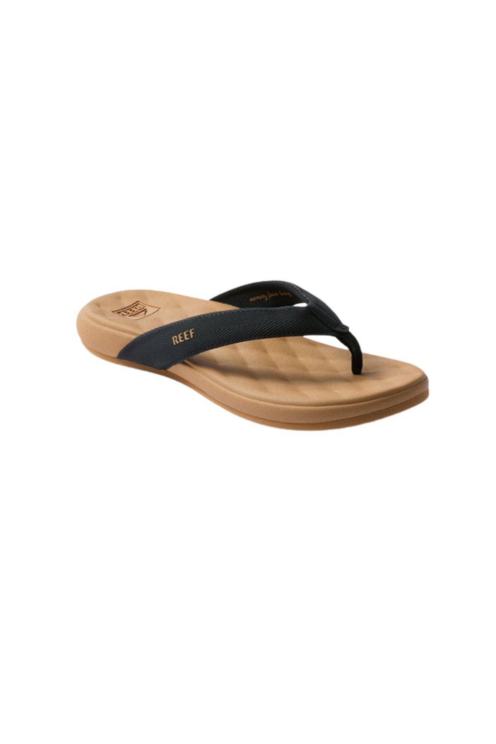 Reef flip-flop sandal with beige sole and black strap on a white background