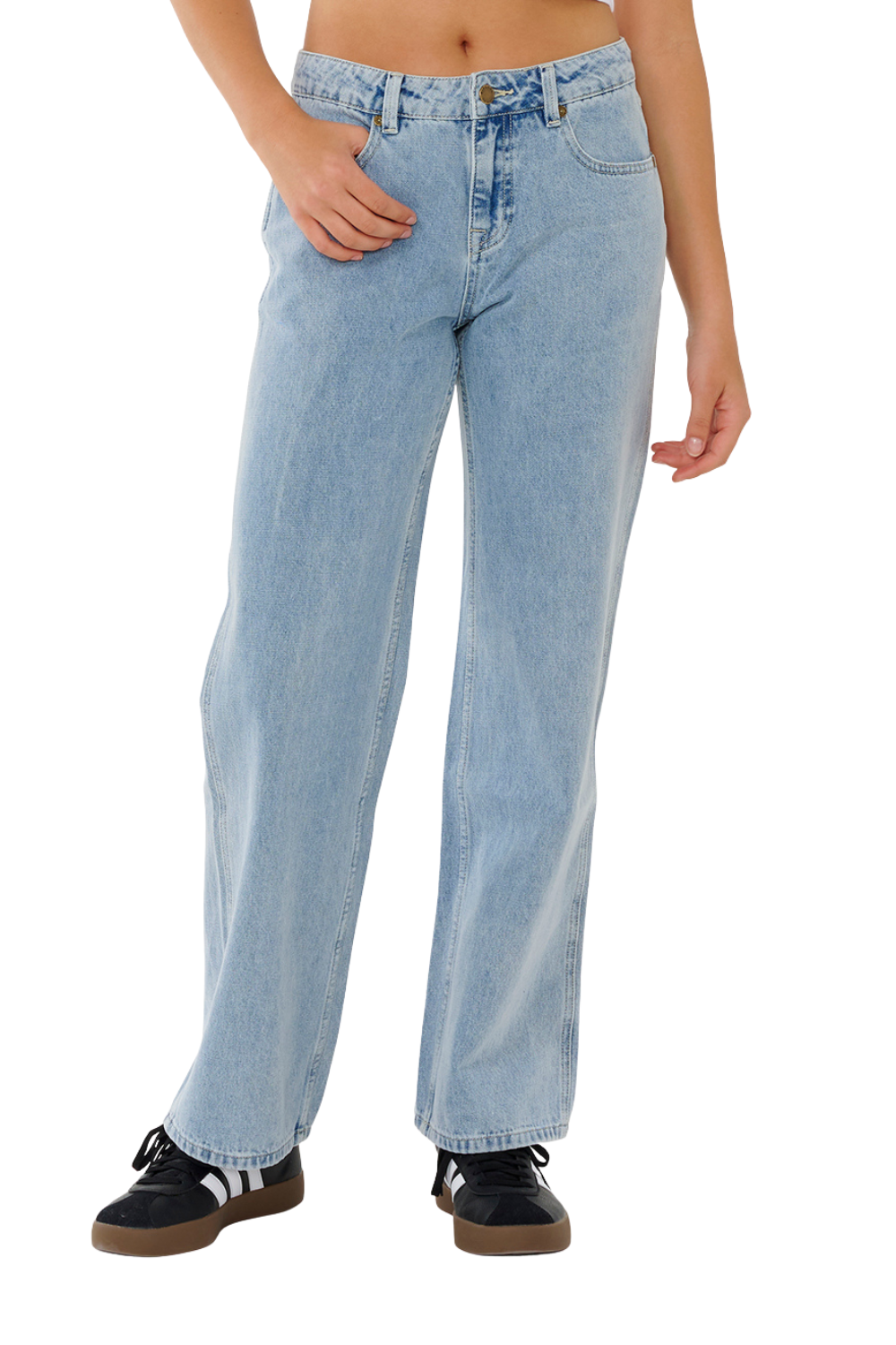 A person wearing light-wash blue wide-leg jeans with black sneakers, shown from the waist down against a plain white background.