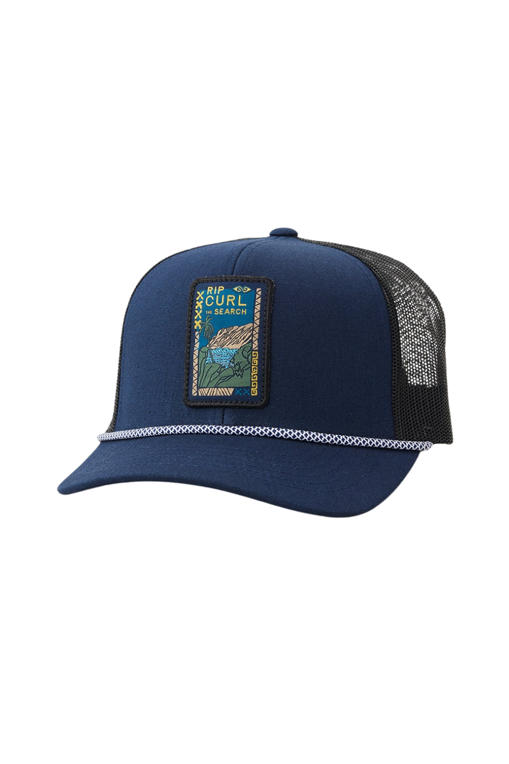 navy blue baseball cap with a black net back and a path stitched on the front