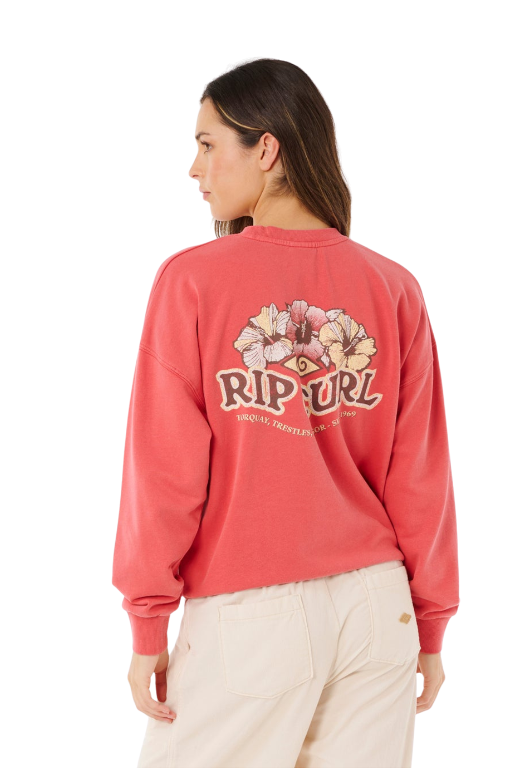 Crewneck Sweatshirt in Coral with bold flower print and Ripcurl printed on the back.