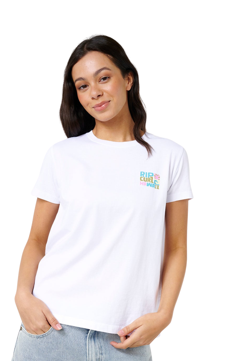 Woman wearing a white t-shirt with colorful text on a white background