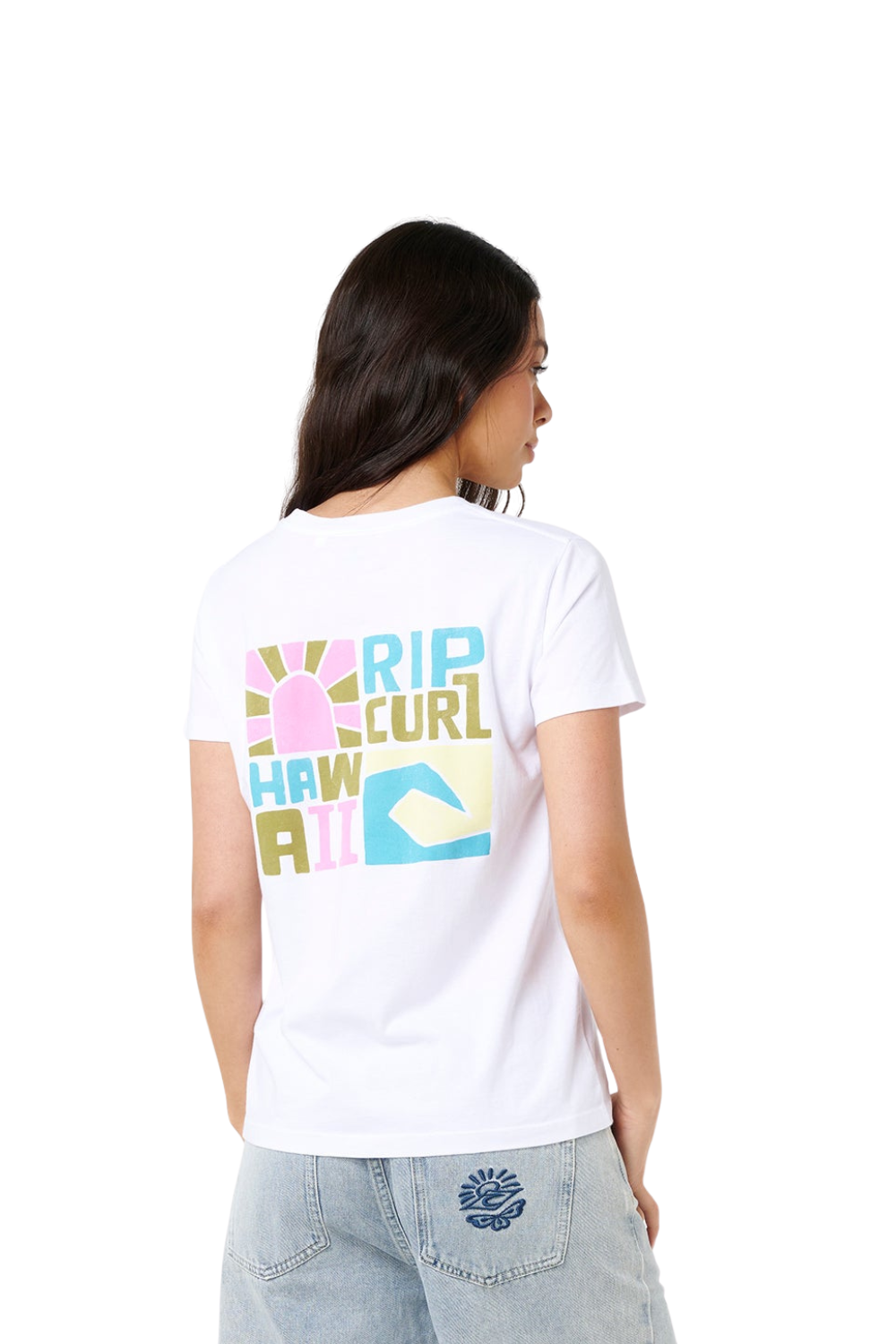 Woman wearing a white t-shirt with colorful graphics and text reading 'ripcurl hawaii' on a white background