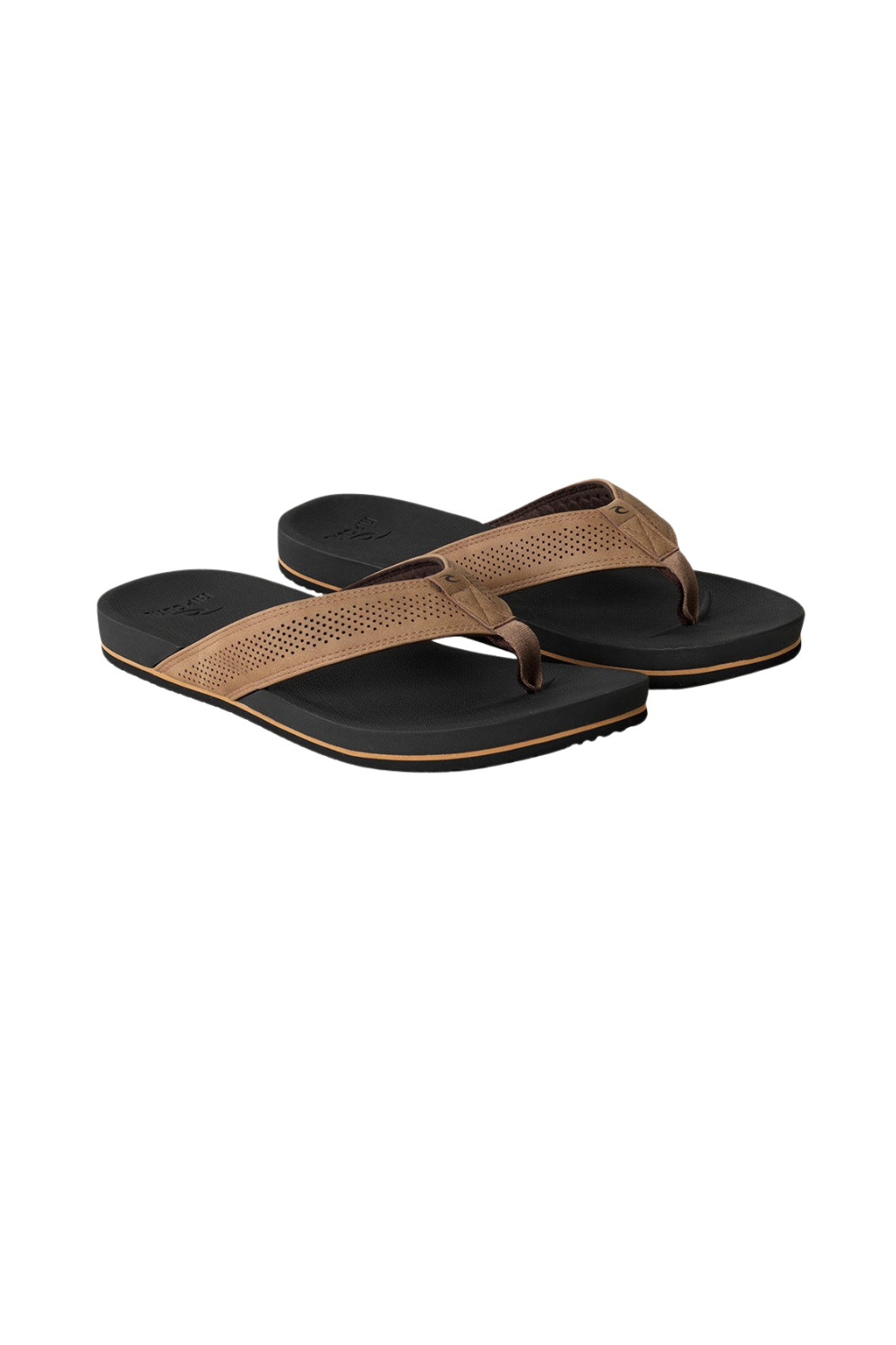 Pair of brown and black flip-flops on a white background
