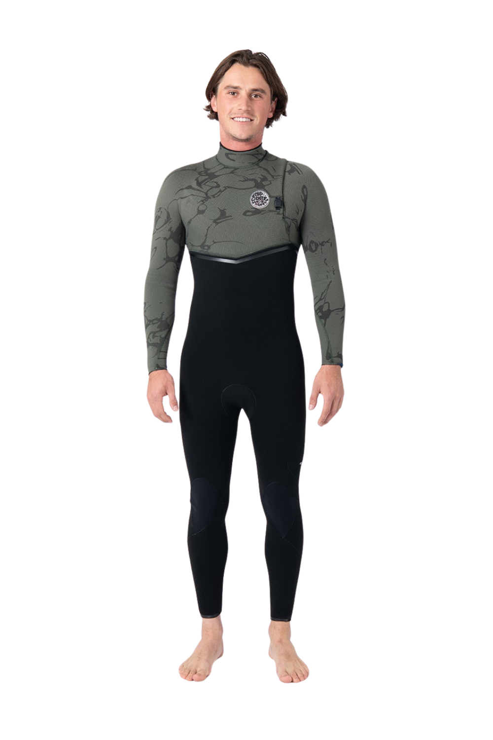 Person wearing a black and moss green wetsuit on a white background