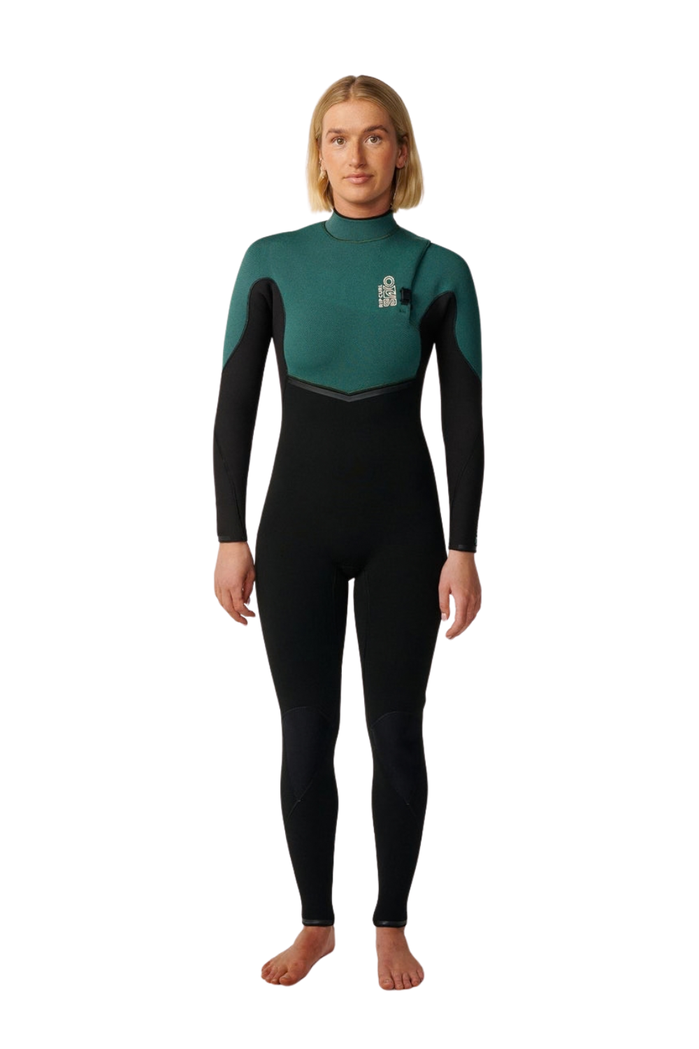 A person modeling a full-body wetsuit against a plain white background. The wetsuit is dark green on the upper chest, shoulders, and upper arms, with black sleeves, torso, and legs.