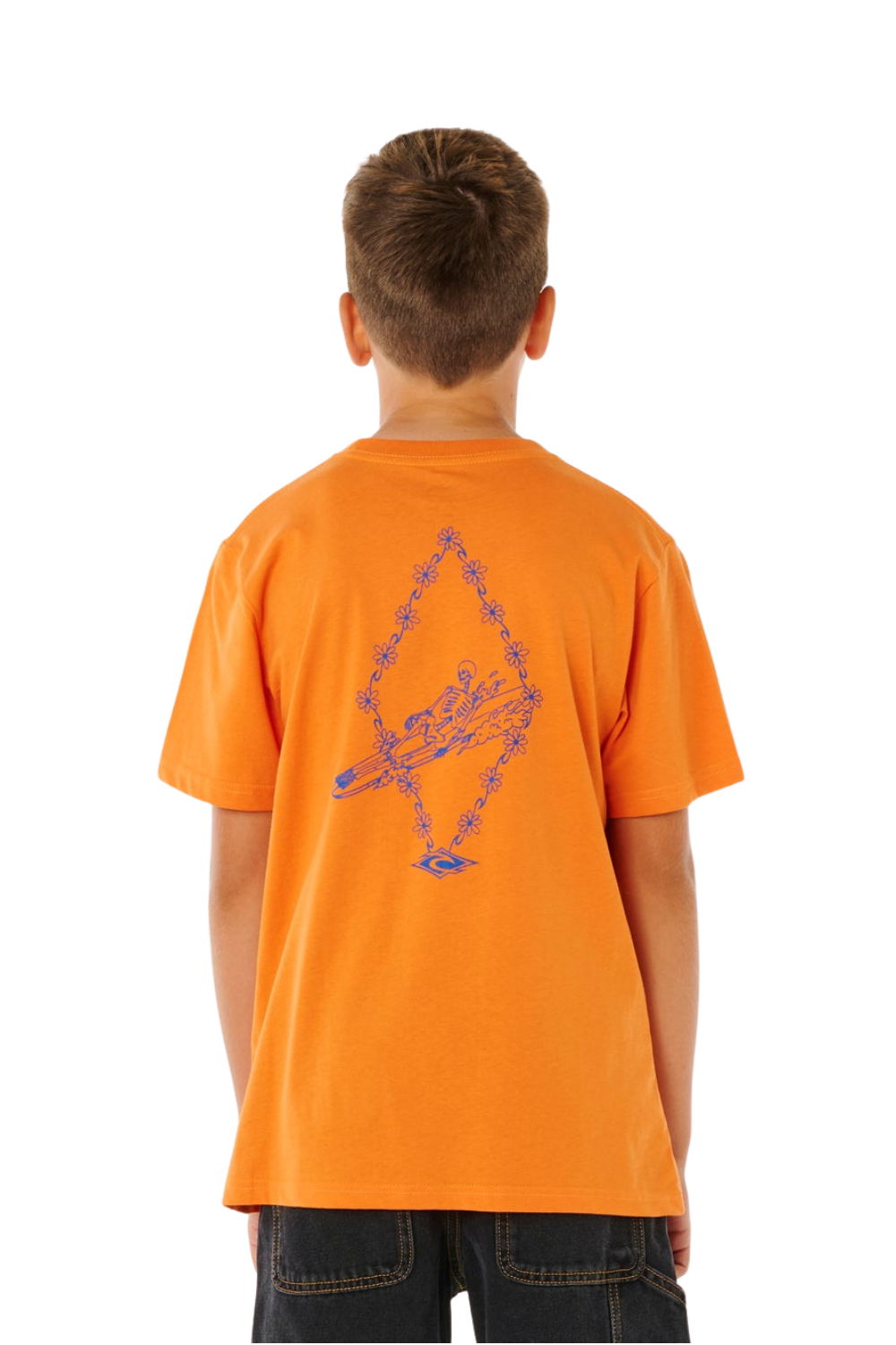 Child wearing an orange t-shirt with a graphic design on the back, standing against a white background