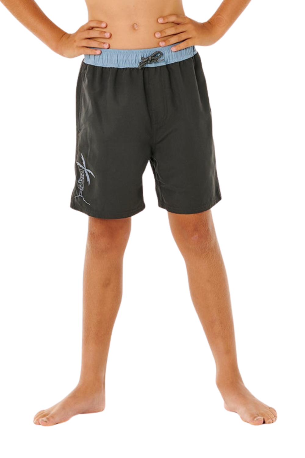 Person wearing black shorts with a small design on a white background