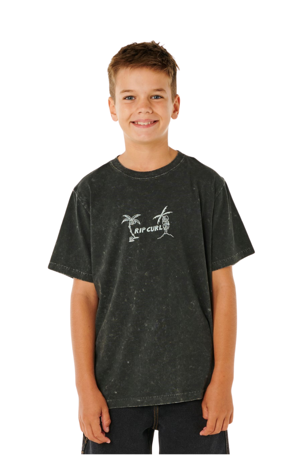 Boy wearing a black t-shirt with a logo on a white background