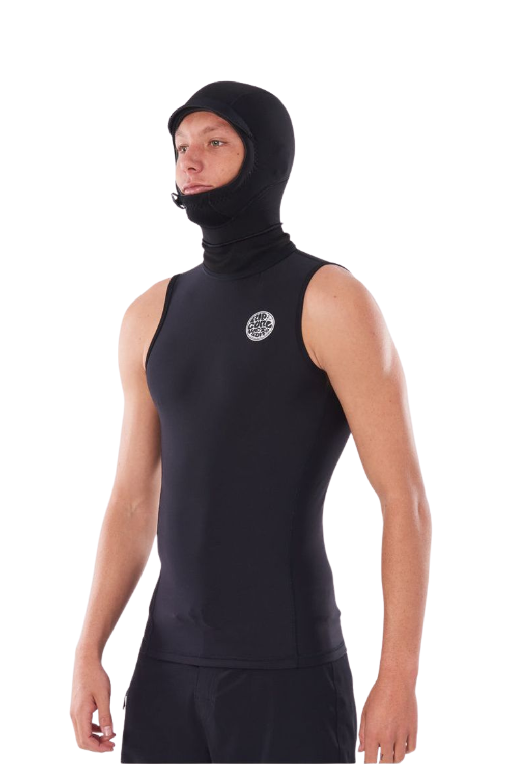 A man wearing a black full-face hooded wetsuit top or diving suit with a high collar, shown from the waist up against a plain white background.