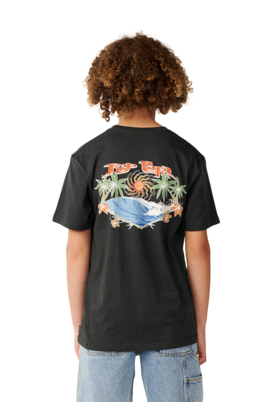 A person viewed from the back wearing a black short-sleeve T-shirt with a large multicolor tropical graphic on the back, paired with light blue jeans, against a plain white background.