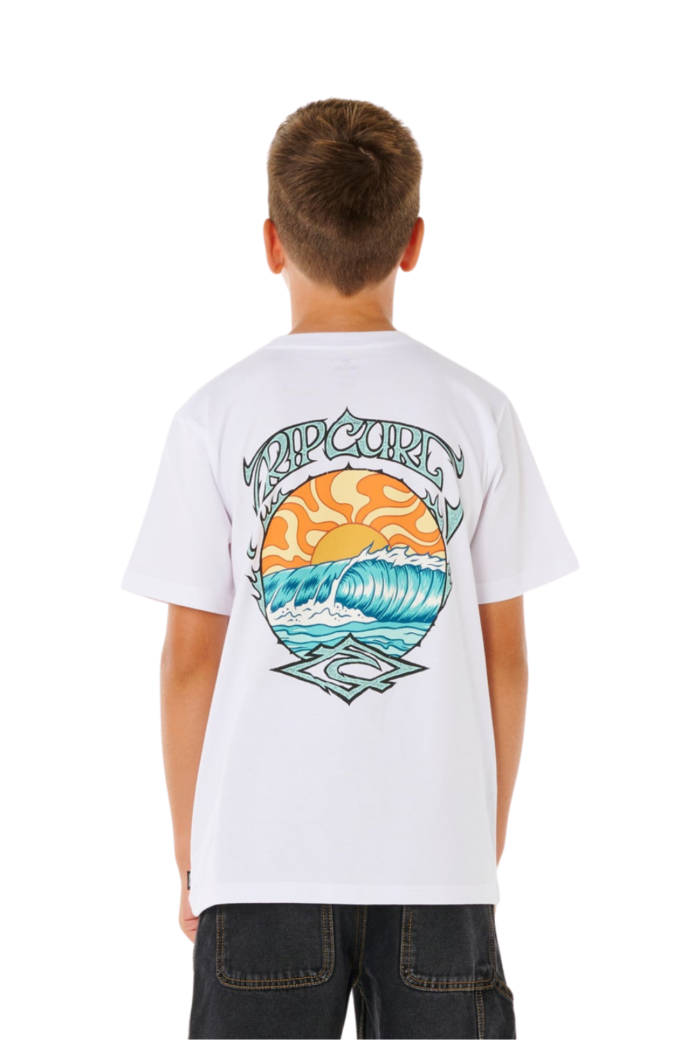 Boy wearing a white T-Shirt with bold Rip Curl graphics on the back
