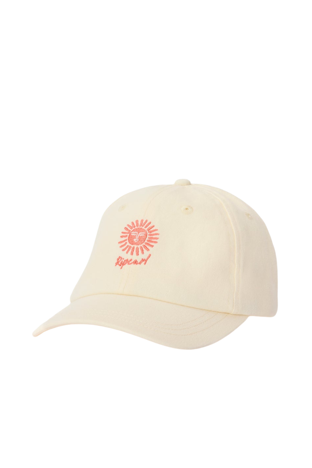a white baseball cap with a pink sun embroidered on the front with 'ripcurl' embriodered underneath