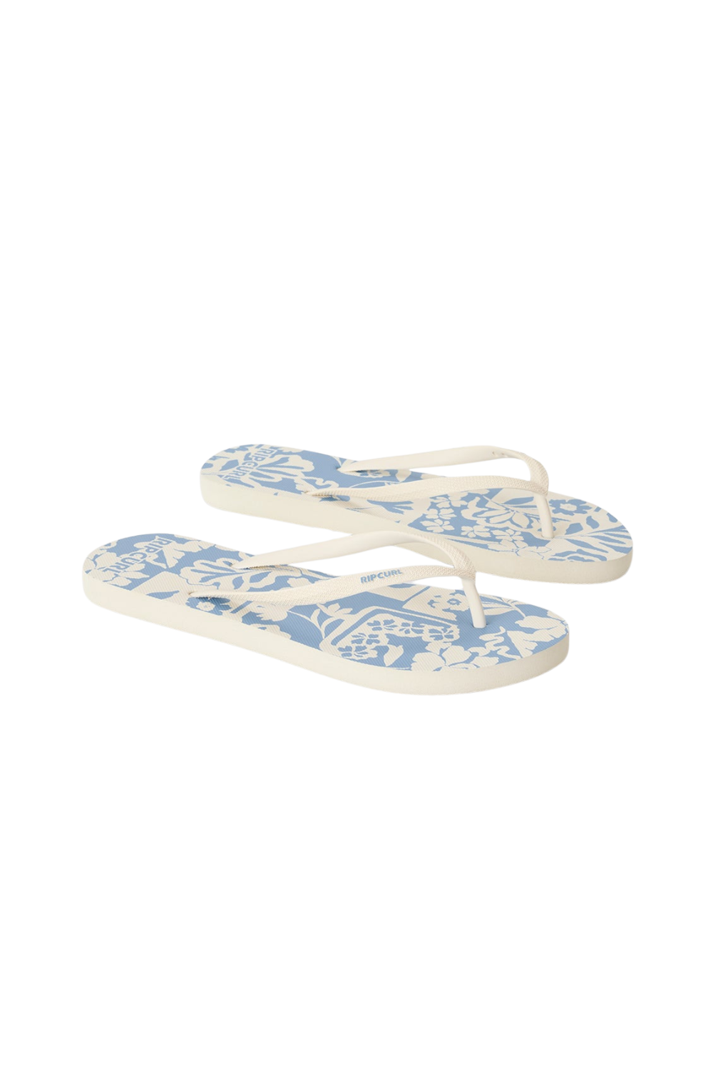 Blue and White floral flip flops photographed from the side