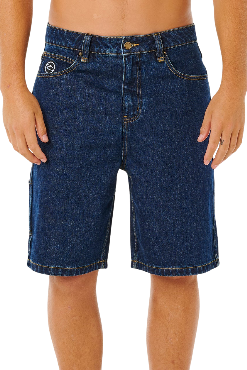 Blue denim shorts worn by a person on a white background