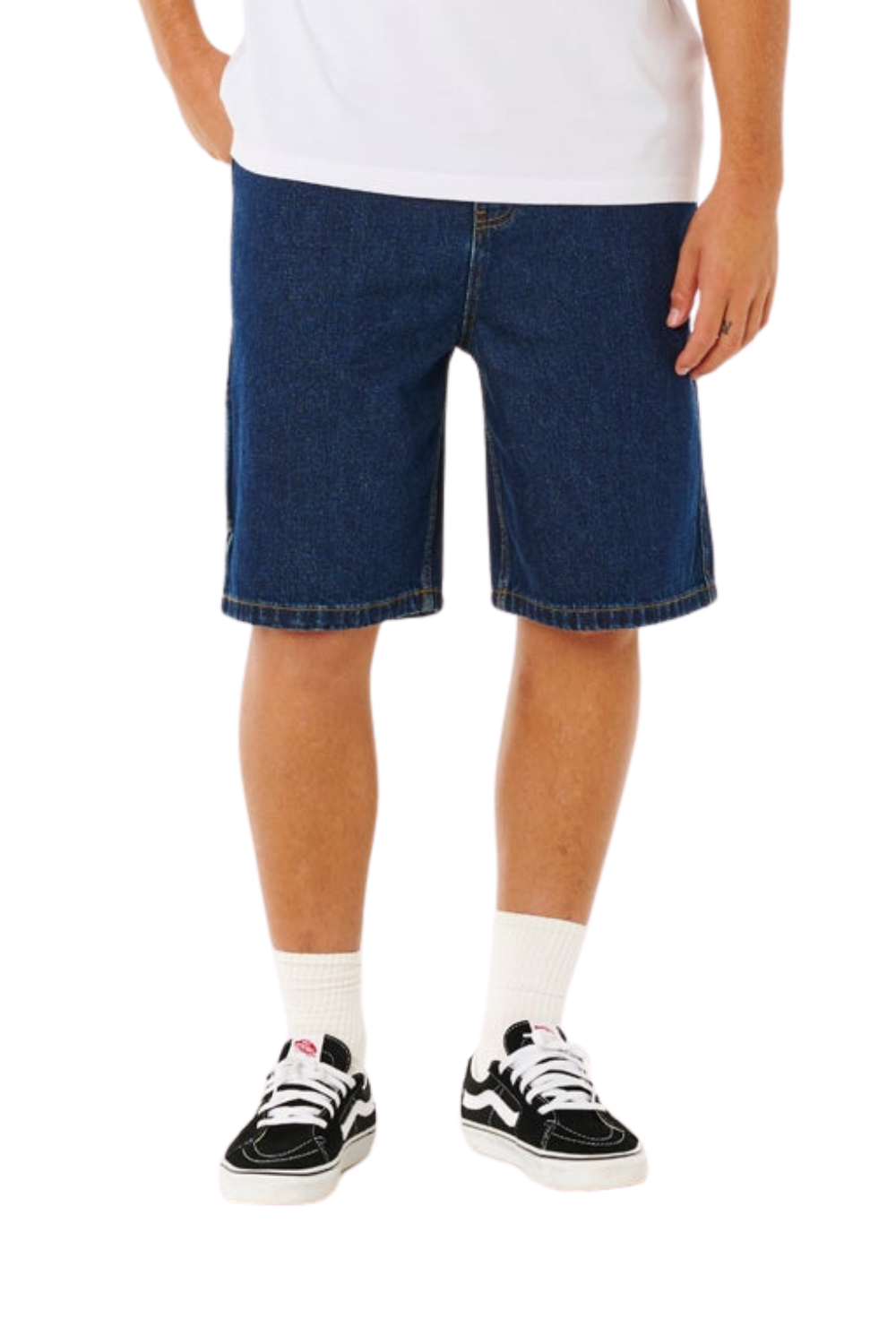 Person wearing knee length denim shorts