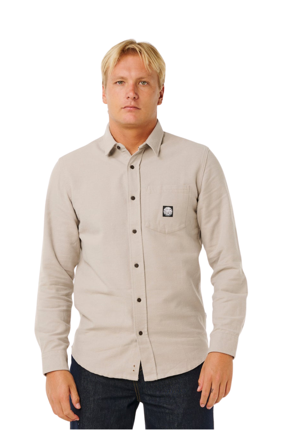 Man wearing a beige button-up shirt with a logo on a white background