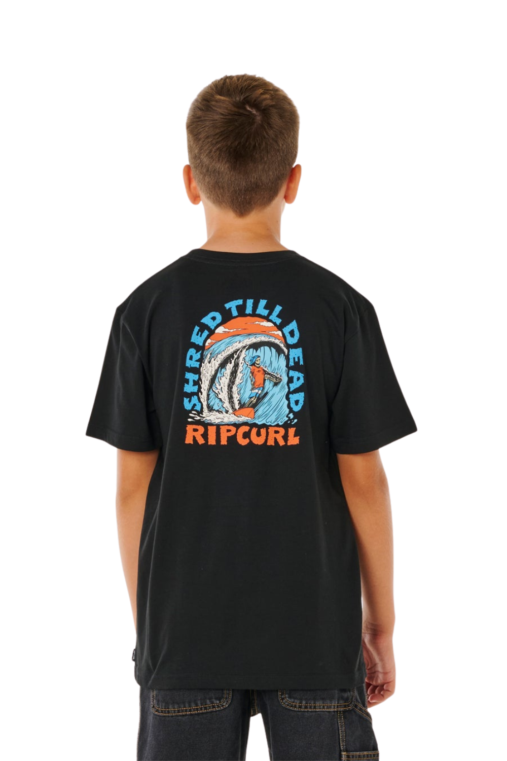 Boy wearing a black Rip Curl t-shirt with a graphic design on the back