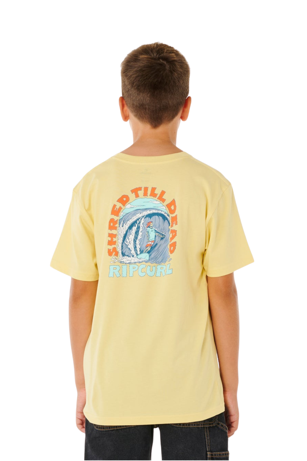 Boy wearing a yellow t-shirt with a graphic design on the back, standing against a white background