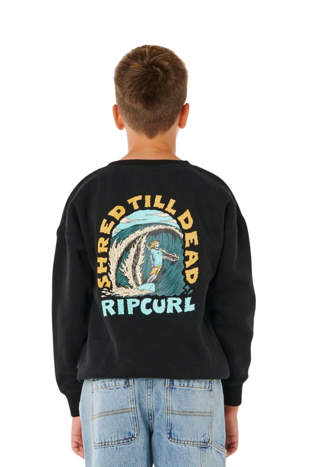 Child wearing a black Rip Curl sweatshirt with a graphic design on the back.