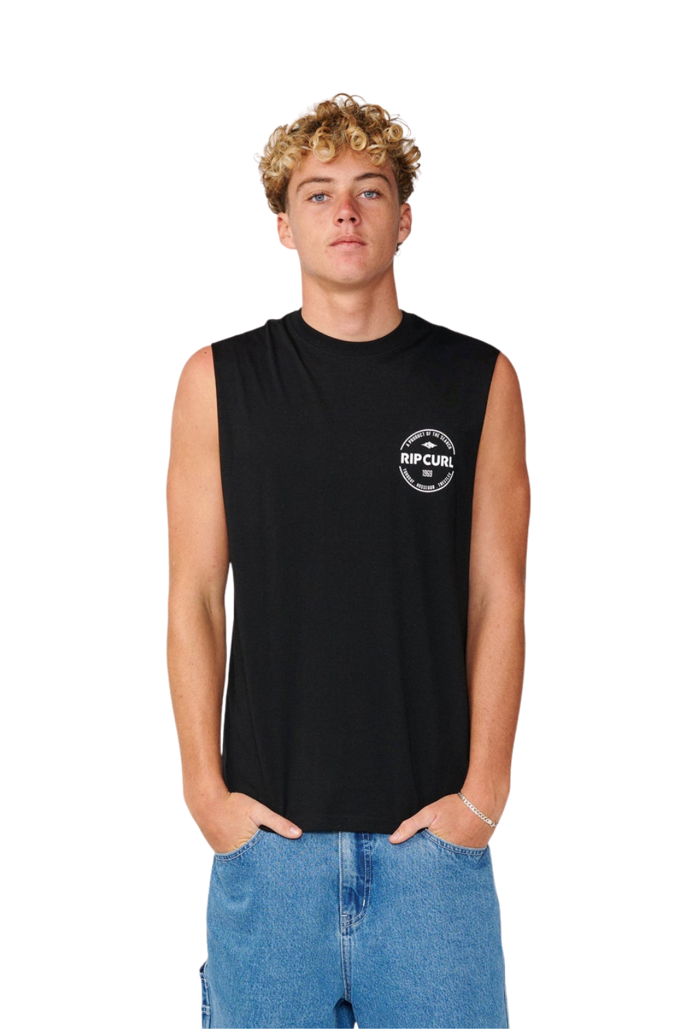 Person wearing a Rip Curl Staple Mens Muscle Vest in Black
