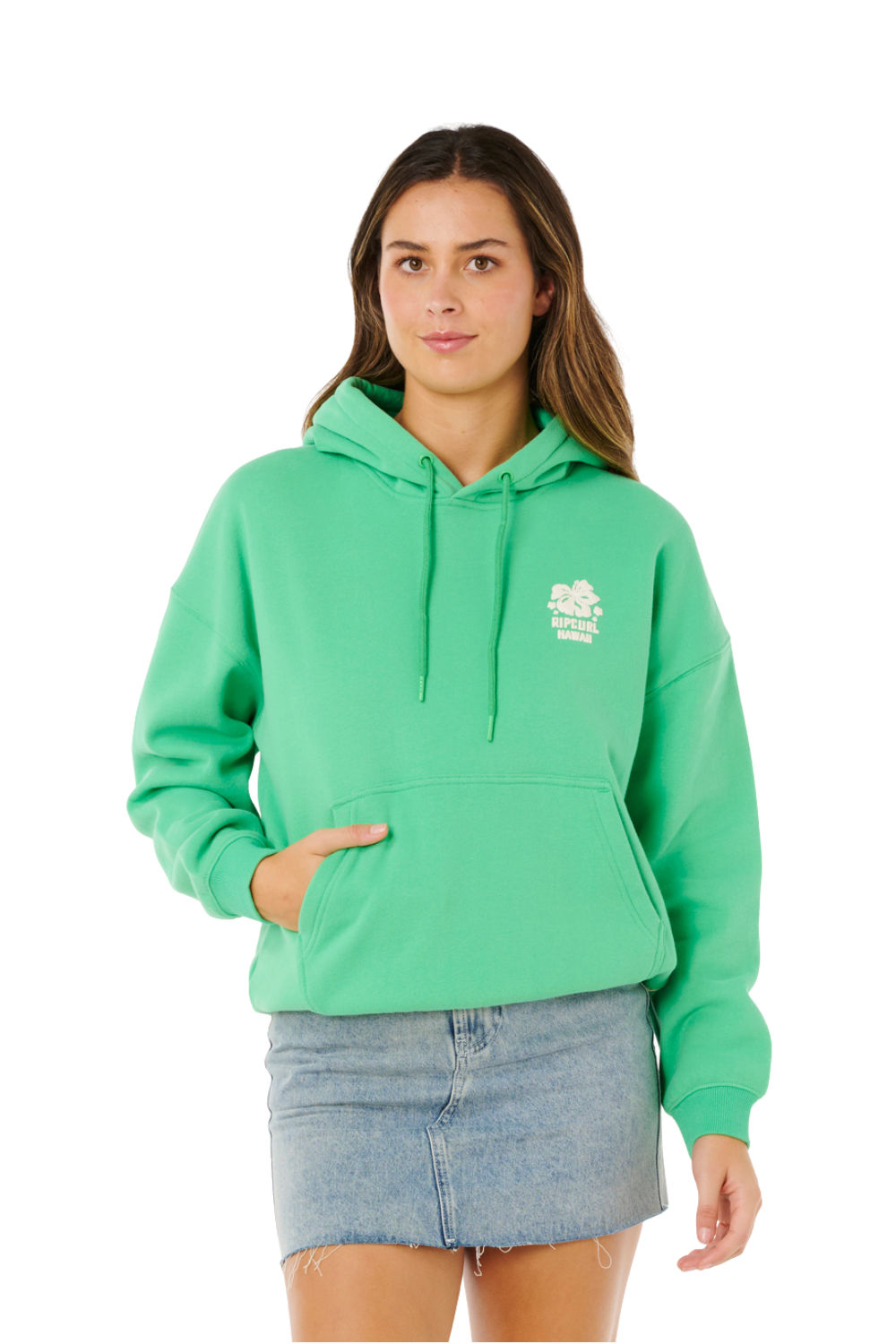 Green hoodie with bold flower and Rip Curl printed on the back