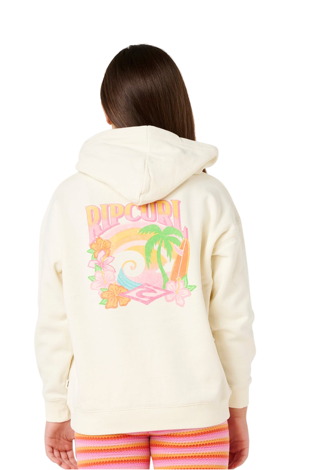 Person wearing a cream hoodie with a colorful graphic on the back, standing against a white background