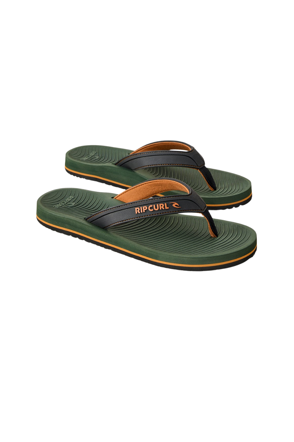 Green and black flip-flops with 'Rip Curl' branding on a white background