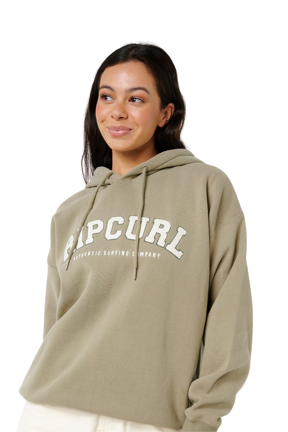 Woman wearing a green hoodie with text reading 'RIPCURL Authentic Surfing Company' on a white background