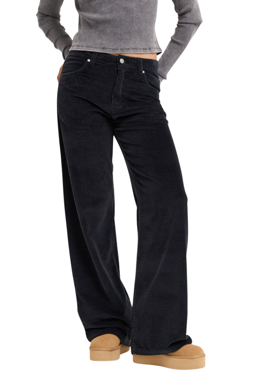 A person wearing charcoal wide-leg Roxy corduroy trousers, styled with a gray long-sleeve crop top and tan platform shoes, shown from the waist down on a white background.