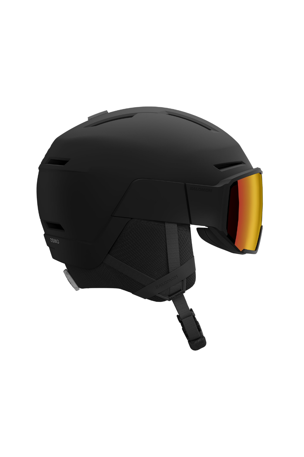 Black helmet with a reflective visor on a white background