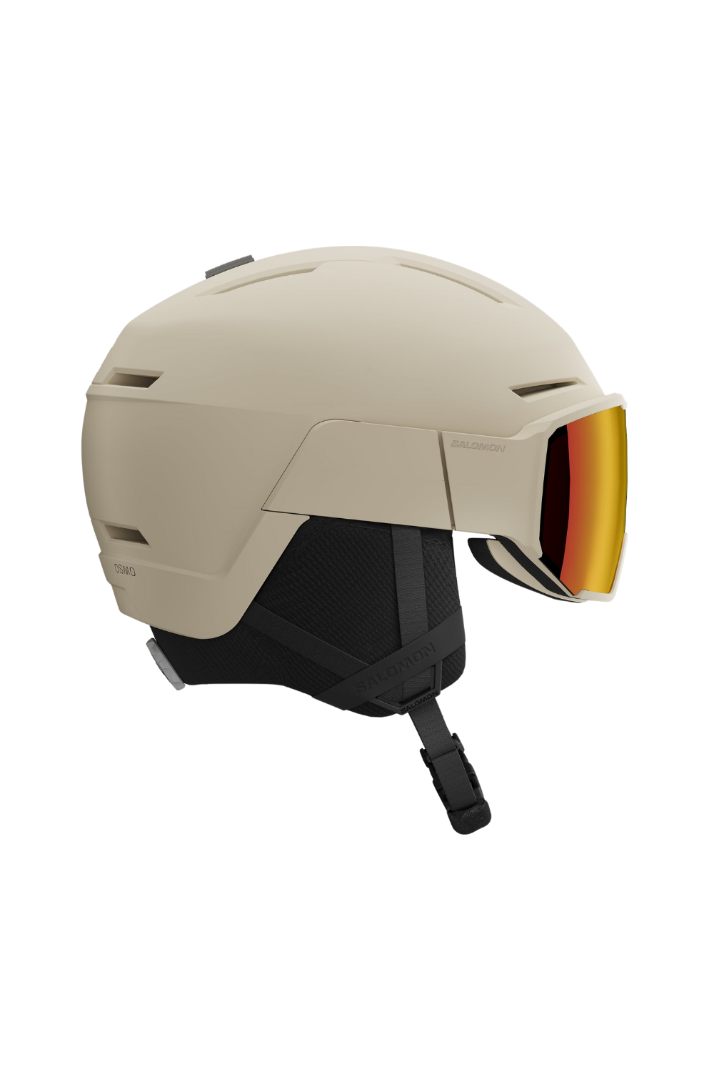 Beige helmet with a reflective visor on a white background