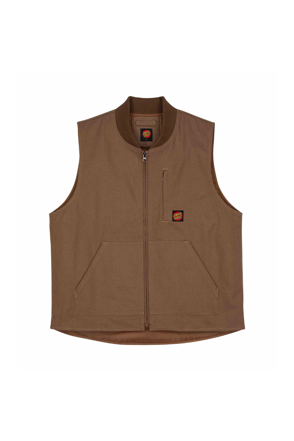 Brown vest with a brand logo on a white background