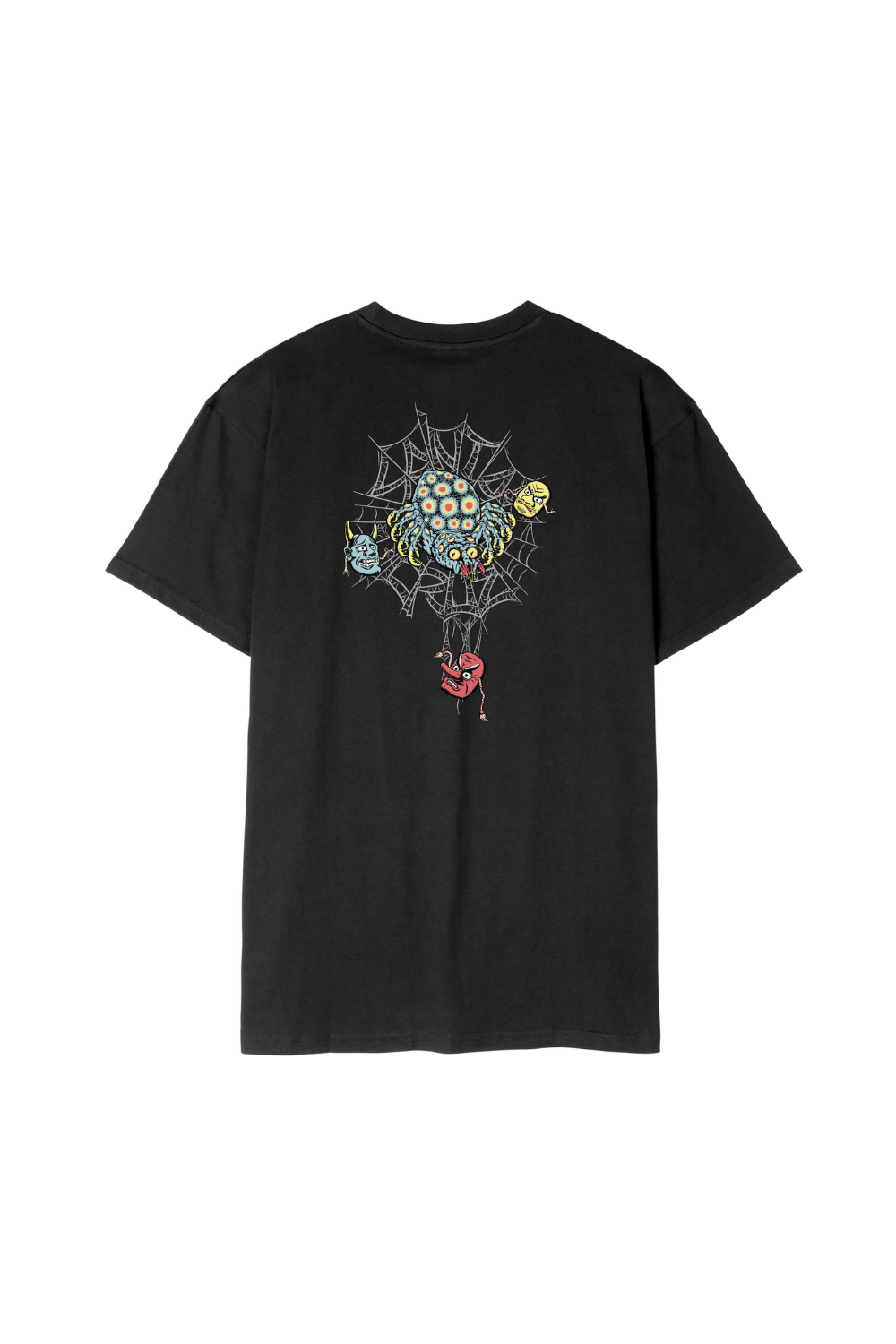Black t-shirt with a graphic spider print on the back.