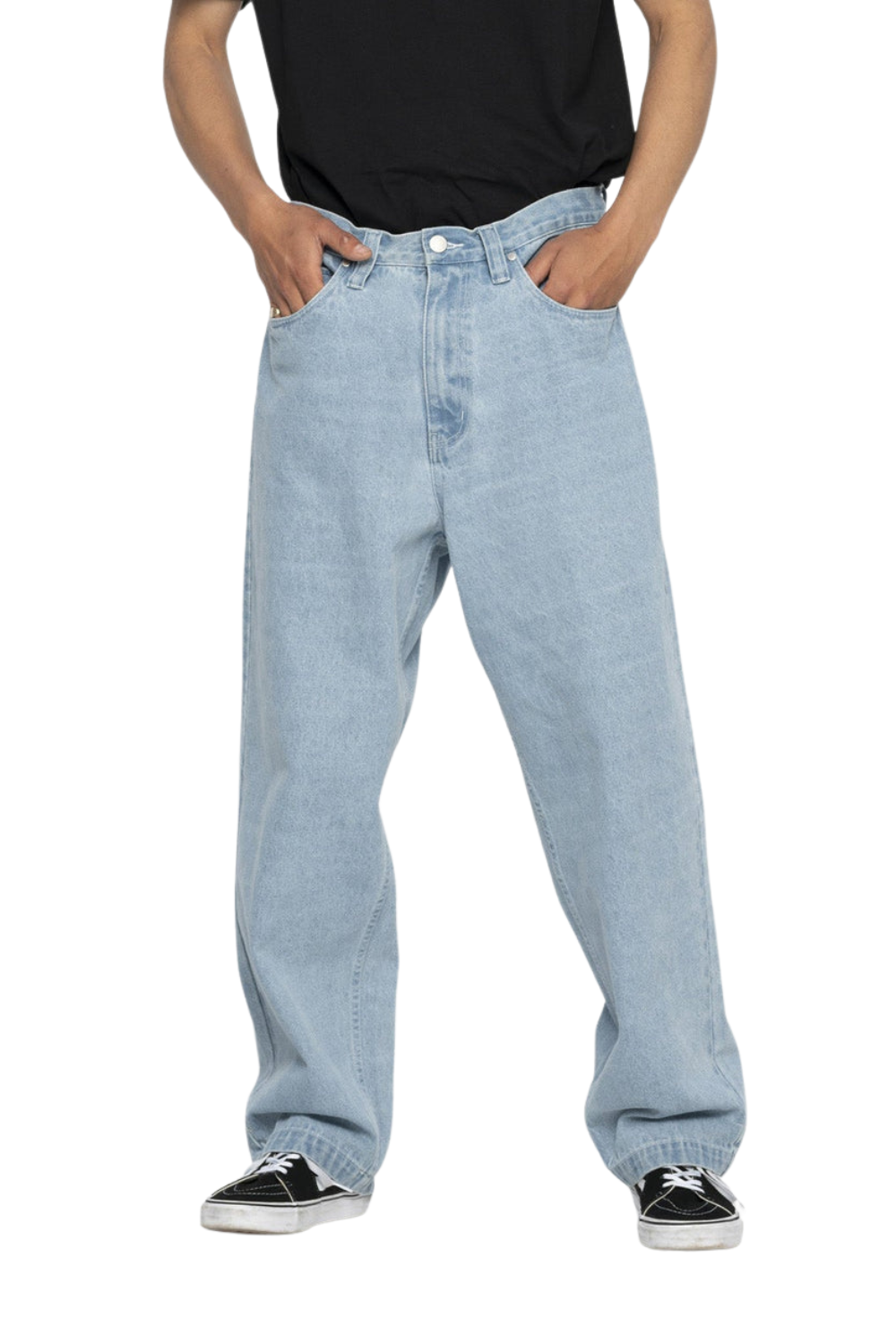 Person wearing light blue jeans and black shoes on a white background