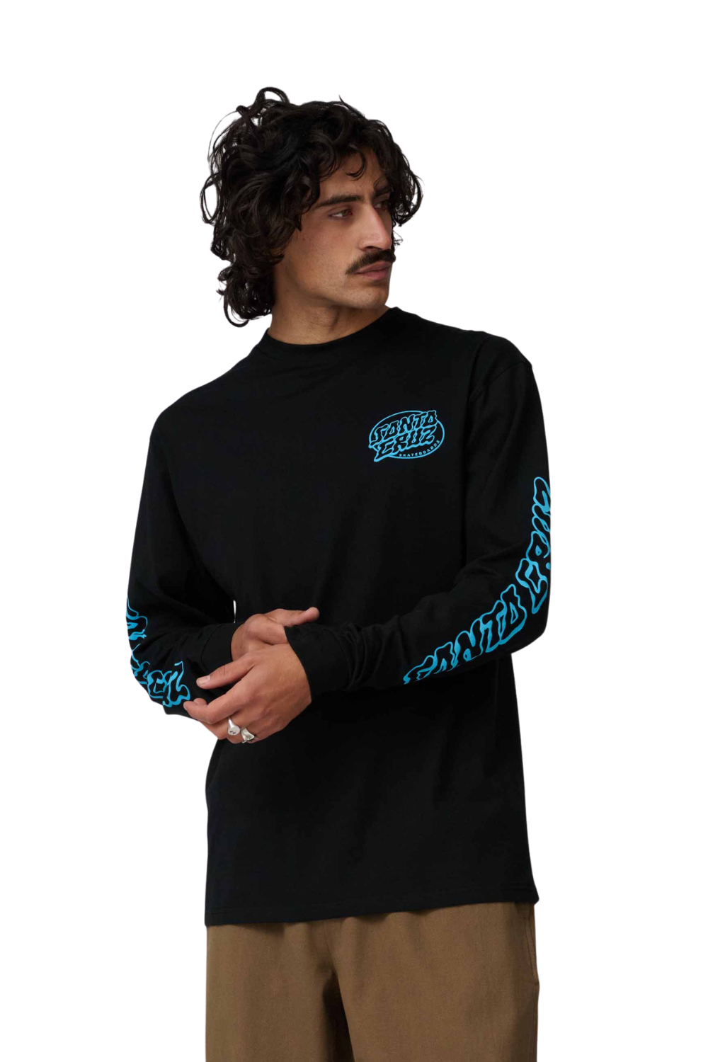 Man wearing a black long-sleeve shirt with blue graphics on a white background