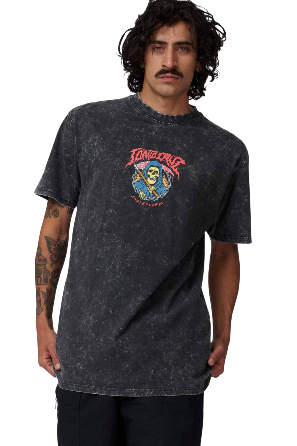 Person wearing a black t-shirt with a colorful graphic design on a white background