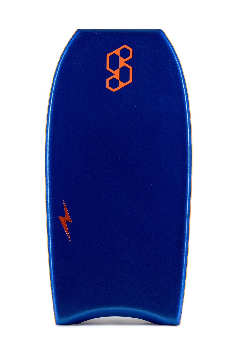 Blue bodyboard with orange logo on a white background