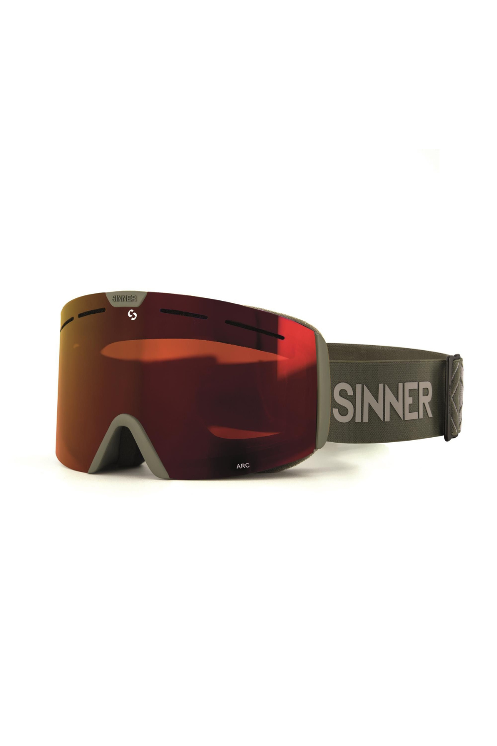 Ski goggles with a moss green strap