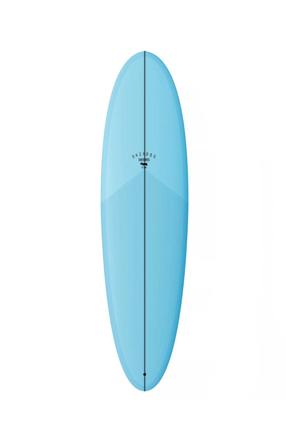 Blue surfboard with a Skindog logo on a white background