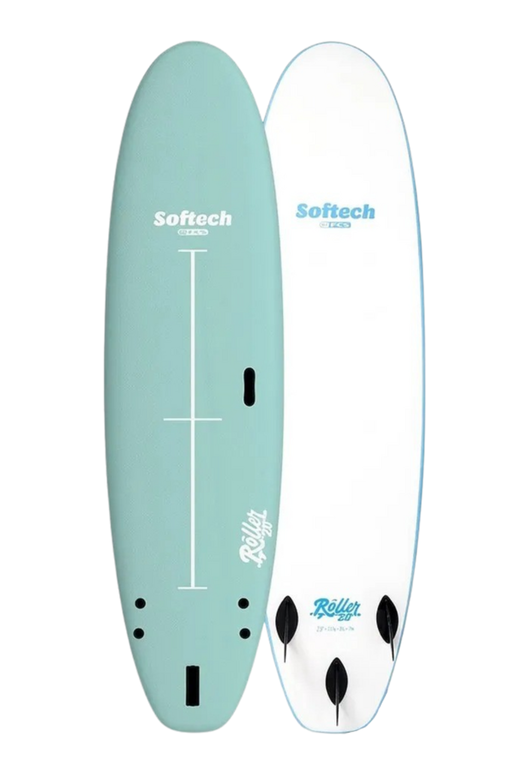 A Softech Roller 2.0 Softboard Surfboard in Seafoam on a white background