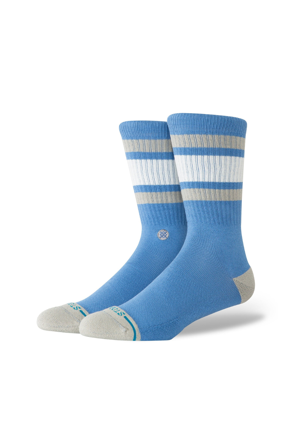 Pair of blue socks with white and gray stripes on a white background