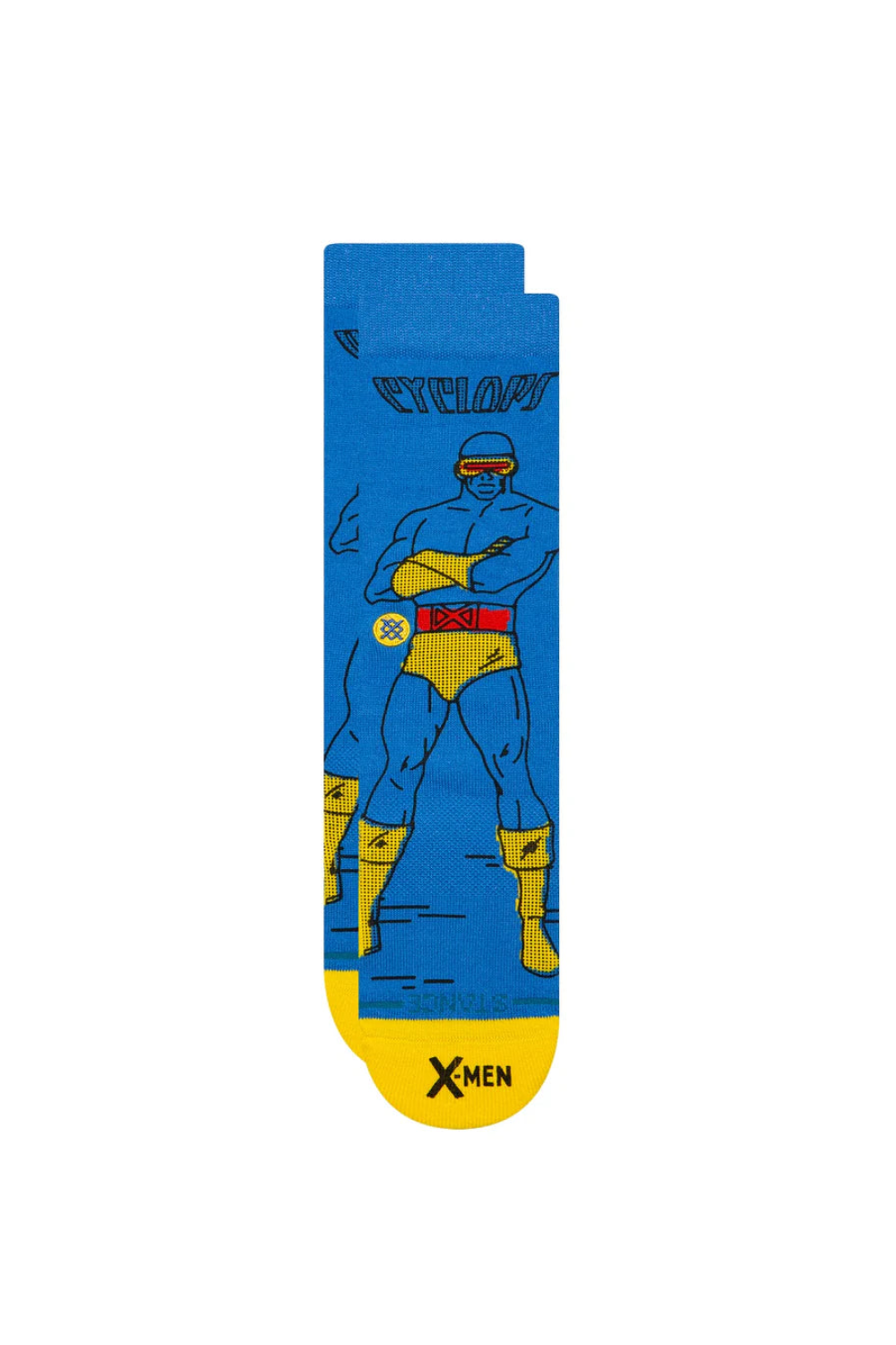 Superhero-themed sock with character design on a white background